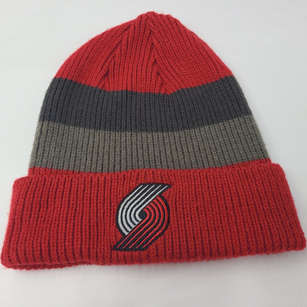 Portland Trail Blazers Hat Beanie Red Gray NBA Striped Winter Knit Stocking Cap